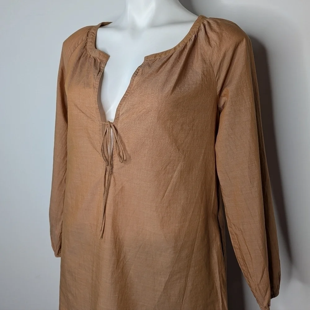 J Crew tan sheer long sleeve 100% cotton tie neck blouse XS